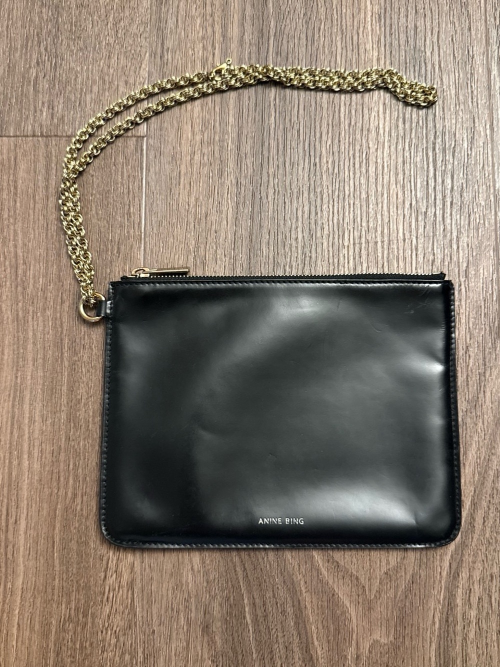 Anine Bing Black Leather Pouch with Gold Chain Strap